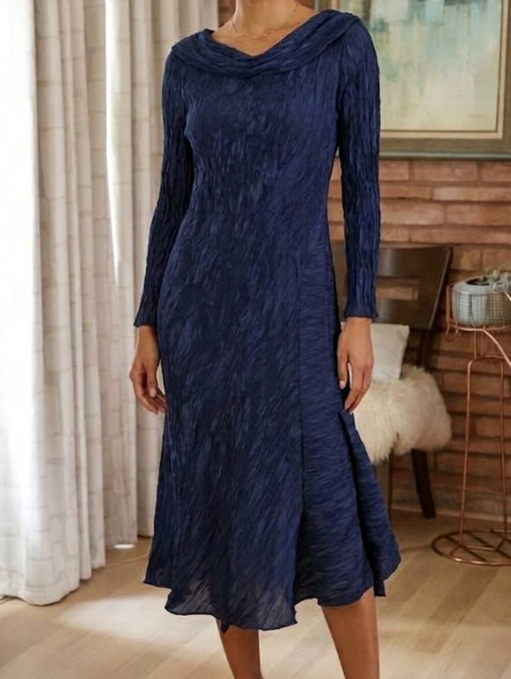 Designer Anett Rostel Asymmetrical Midnight Blue Crinkle Plisse Pleat Midi Dress